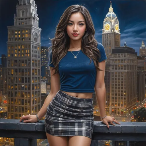 Prompt:  (photorealistic) woman(plaid miniskirt ,gray t-shirt )  , , , posing for a picture, in front of a towering building, vibrant city lights in the background, deep blues and silvers of nighttime, intricate details in her outfit,  creating a lively ambiance, (extremely detailed) oil painting, capturing the essence of nightlife with a glossy finish, (high quality) 4K, ultra-detailed textures.l