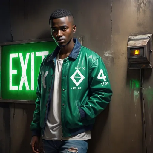 Prompt: 4k , high resolution , digital painting , modeling , neglected ally , dramatic colors, old building wall ,, green led exit board sign , led lights, a man leaning against the  wall,dark skin, mid fade haircut , opened green letter jacket , white under shirt , blue jeans , close up the man , 