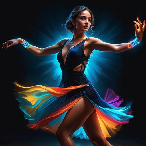 Prompt: 4k , high resolution,realism  , digital painting  , ultra detailed , art photography , bright colors , black background  , a woman dancing in the dark room , r(ed glowing bracelets illuminating her hands) , dynamic movement , full body ,  blue slit mini  dress , the dance makes the dress look more dynamic 