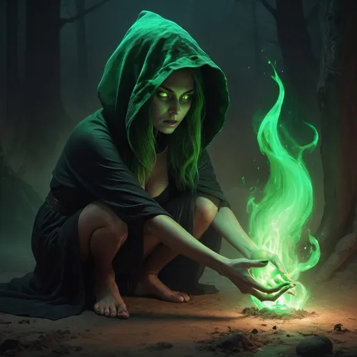 Prompt: 4k , high resolution,fantasy , digital painting , illustration , mythology , dark place  , dirt floor , a  witch holds magical green glowing  fire in her hands  , green aura around the woman , black hood , glowing eyes , slit skirt , barefoot  , portrait , close up on woman , modeling stance