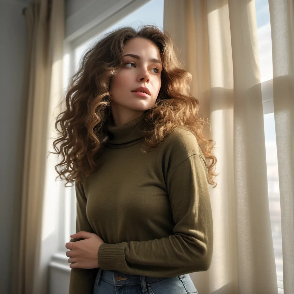 Prompt: (woman with long curly hair), wearing an olive long knitted turtleneck shirt and skinny jeans , (close up,low angle shot ), inside a softly lit room, (white curtains gently swaying),  captured in an extremely detailed (oil painting style), (photorealistic), sunlight streaming through the woman  , she is looking out the window and  holding the curtains with her hands ,(artistic modeling pose) ,high resolution , detailed , bright colors