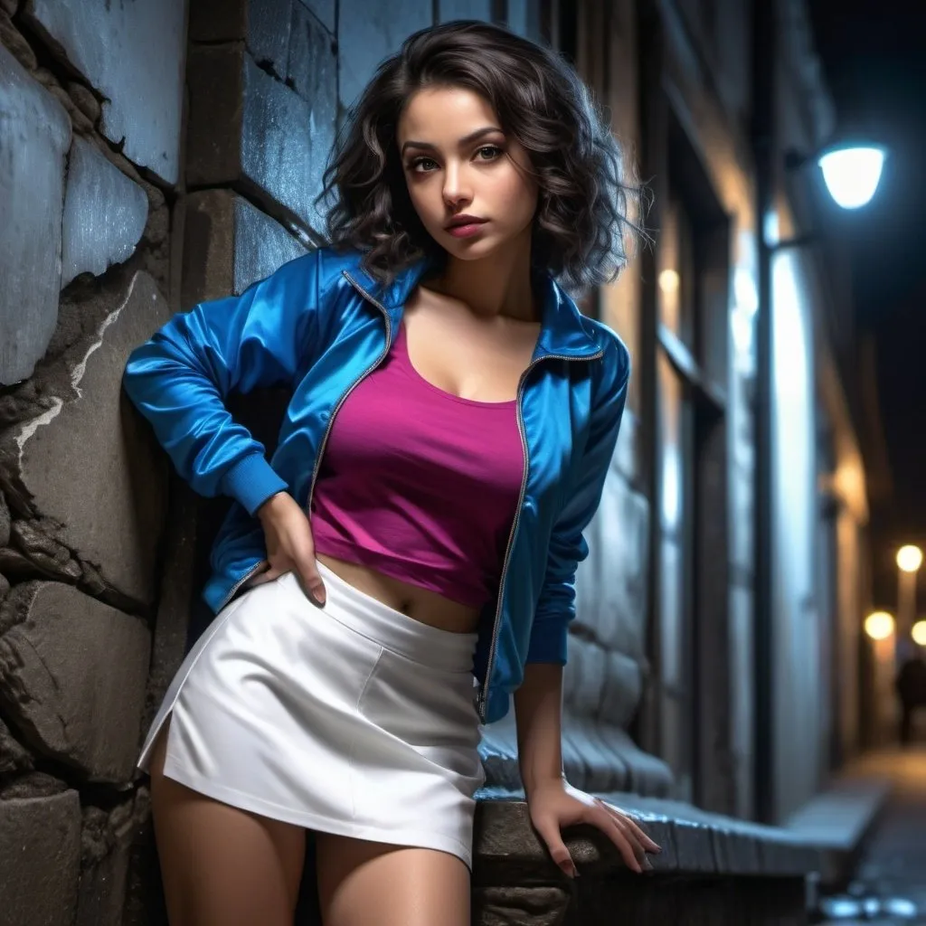 Prompt: neglected building ,old street,cracked illuminated stone wall, night ,street light  , a woman leaning against the wall in modeling pose , blue jacket , fuchsia crop top shirt , white , miniskirt , brown skin , curly black and gray mixed hair  ,legs , 4k , glamour photography , high resolution , digital painting , photorealism , dark colors , art photography , close up