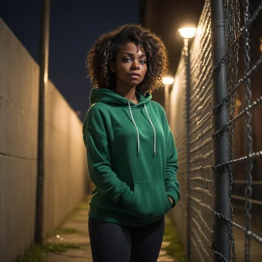 Prompt: photorealistic, (4K), (high resolution), nighttime street scene, (dramatic colors), (grim lighting), pole, chain link fence nearby, (low angle shot) of a black woman standing against the wall (close up), light illuminating her, dressed in a green hoodie and black leggings   , curly hair , grim mode , 