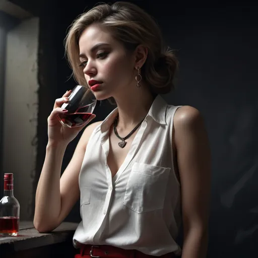 Prompt: high resolution , 4k , detailed face , black white and red color shot , realism,expressionism , , sad atmosphere, professional modeling photography  , dark room , dark walls ,dramatic led light , a woman leaning against and drinking red wine , white sleeveless shirt , khaki tight pants , necklace , earrings , low angle shot ,full body 