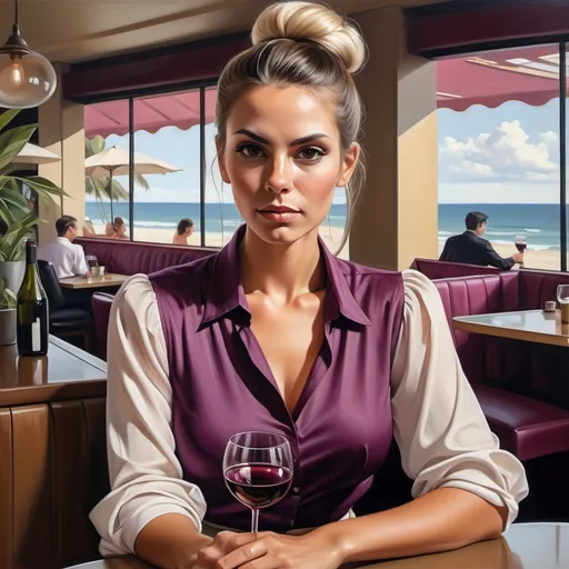 Prompt: A powerful woman(bun hairstyle) in an (elegant plum blouse) and (off-white miniskirt) sitting in a chic cafe, looking directly at the viewer with a tough face expression, confidently holding a glass of wine. (Oil painting), showcasing her (detailed features) in (high resolution). The backdrop reveals a serene beach, enhancing the (luxury lifestyle) ,