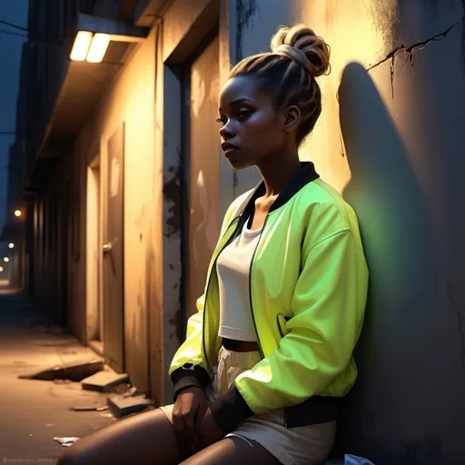 Prompt: high resolution, digital painting ,realism  , neglected street ally(dirty , trash) ,  Fluorescent above the woman  ,, nighttime (mystery , horror), a black woman(bun hairstyle ,ivory jacket , beige shorts) leaning against the wall  , she is  illuminated by the light of the fluorescent  ,soft contrast (light and shadow) , low angle shot of  the woman ,  