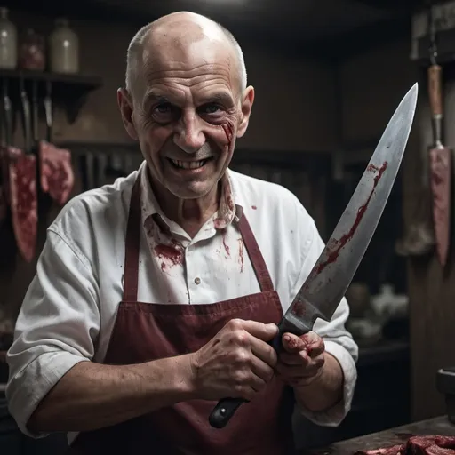 Prompt: (psychopath Butcher holding a big knife), scary eyes, almost bald with some gray hairs, 67 years old, wrinkles, creepy smile, exposed teeth, dimly lit shop, dark tones, eerie atmosphere, blood splatters, old meat hanging in the background, ultra-detailed, high-definition, dramatic shadows, deep contrasts, cinematic lighting, photorealistic, close up , blood on blade , illustration 