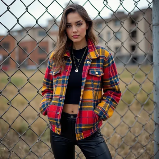 Prompt:  Standing confidently in front of a chain-link fence, a woman exudes a casual yet stylish vibe with her vibrant plaid jacket featuring shades of red, yellow, and blue, paired with simple black leggings . . The grim background  reveals a muted urban landscape,  highlighting a mixture of buildings with earthy tones, while the ground is scattered with patches of dry grass, indicating an outdoor setting perhaps during the late afternoon,grim atmosphere  . The natural light casts subtle shadows, enhancing the texture of both her outfit and the gritty surroundings, contributing to a mood of relaxed confidence against an urban backdrop. The overall composition creates a harmonious balance between the subject’s fashion-forward presence and the understated rawness of the environment.