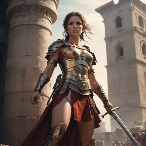 Prompt: 4k , high resolution , detailed features , roman empire , 
a female  warrior holding a sword in her hand, tower in the background,combat stance ,fight , fantasy art, epic fantasy character art, concept art , low angle shot , close up 