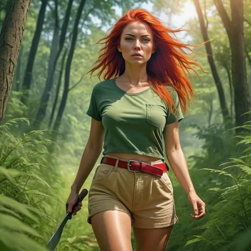 Prompt: 4k , high resolution, digital colors , high detailed , hyper realistic  , nature , bright colors , grass , a woman traveling in the wild forest and walking  dramatic  , between big bushes , she is holding Machete  , red  long dyed hair , green crop top shirt , beige shorts , belt , dynamic , sunlight streaming on the leaves 