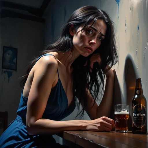 Prompt: <mymodel>
4k , high resolution , photorealism , painting ,emotional ,digital ,expressionism,modeling , artistic , dark room , woman leans against the wall ,she holds beer bottle , she is sad and bored 
eyes , sad eyes , low angle shot