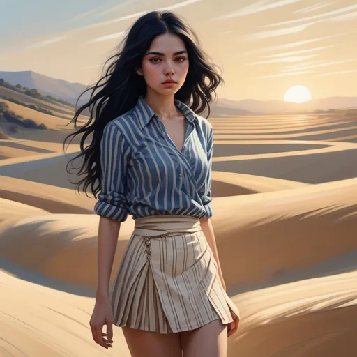 Prompt: digital painting , (woman in a striped shirt)(horizontal stripes ,blue and white) and (ivory wrap miniskirt ) (striking outfit),(long black hair,pale skin), intricate details, sandy background, rolling hills, sunset sky featuring hues reminiscent of sand, , soft lighting enhancing the scene, (high-quality) (4K), emphasizing contrast between her vibrant attire and the tranquil natural setting, highlighting her presence against the picturesque landscape , 