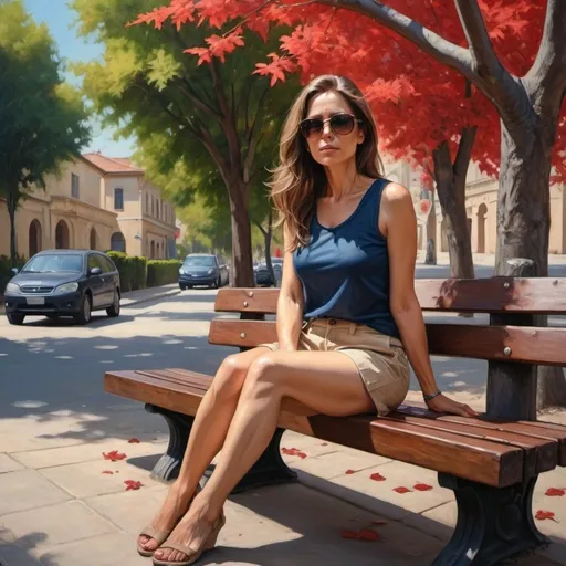 Prompt: 4k, high resolution,detailed,professional ,modeling stance ,oil painting, dark colors, urban,a beautiful woman sits on bench , tree with red leaves ,she touches the tree ,she is 45 years old, the woman wears dark blue  sleeveless shirt , beige cargo shorts , long brown hair , sunglasses, mirrored lens , rounded body, full body,