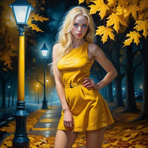 Prompt: 4k, high resolution, detailed, oil painting, dramatic, expressionism, woman leans against wall, park, autumn, street light, blue eyes, long blonde hair, yellow mini slit dress reveals legs ,focus on legs, barefoot,close up, dark colors , night,  detailed eyes, dramatic expression, autumn park, , professional, fashion , yellow themed photo  , she holds bag