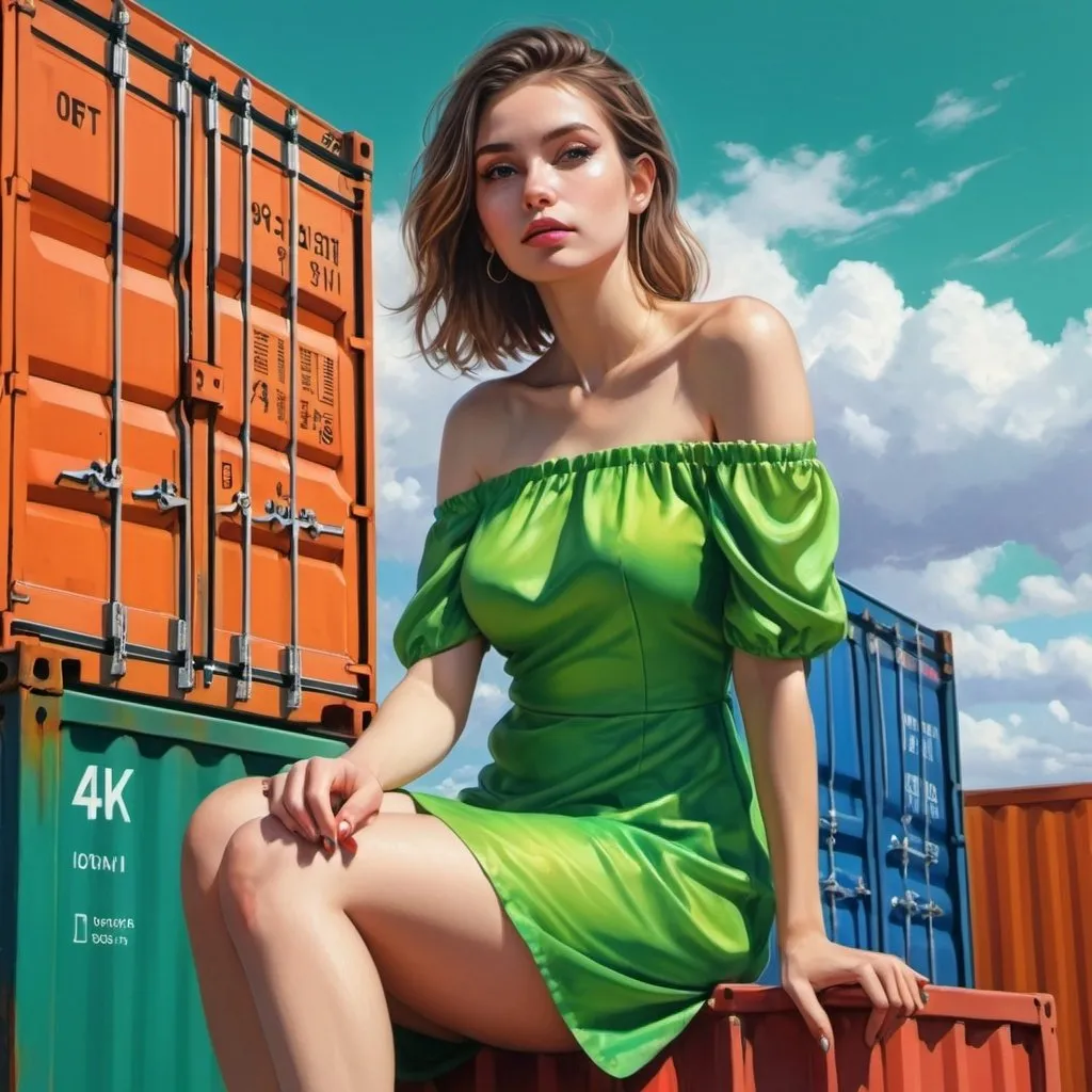 Prompt: 4k , high resolution , hyperrealism ,bright colors,digital painting , sky, 
a woman sits on palle , container , off shoulder green mini dress , close up ,artistic , artistic photography , detailed dress , fashion 