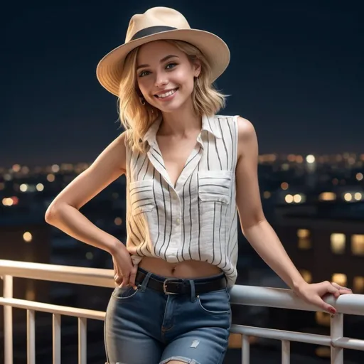 Prompt: a woman wearing  opened white and black striped sleeveless  linen shirt , blue short skinny  jeans, beige fedora hat , 
a woman is leaning against the safety railing in modeling pose , rooftop , night , smile , lights on the woman ,
blonde hair , 4k , high resolution , professional , glamour photography , art photography , digital painting , detailed features  ,legs , low angle shot , fashion 