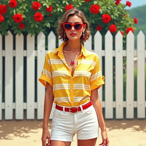 Prompt: digital painting a woman wearing horizontal striped yellow and white shirt with white fitted shorts with belt ( red circular buckle) , necklace with red beryl , red sunglasses , red earrings , the background there is a white fence decorated with red flowers , the ground is sandy 
