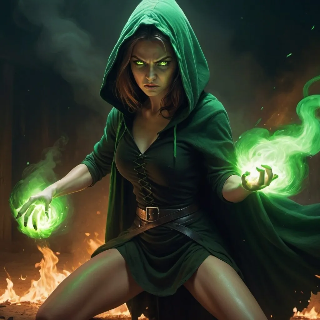 Prompt: 4k , high resolution,fantasy , digital painting , illustration , mythology , dark place  , dirt floor , a witch , she is throwing the green fire   , green aura around the woman , black hood , glowing green eyes , slit skirt , barefoot  , portrait , close up on woman  , detailed face , combat stance , she is throwing the green fire , low angle shot , powerful stance , she looks angry and trying hard to fight 