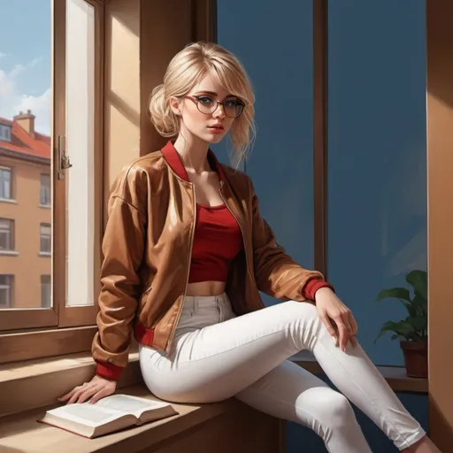 Prompt: 4k , high resolution , detailed room ,  digital painting  ,window, caramel wall  , an elegant woman sits on the windowsill , book on the windowsill , ,blond hair , bangs hairstyle , glasses , blue eyes, she wears brown opened jacket and red crop top shirt under the jacket , white tight long pants , 