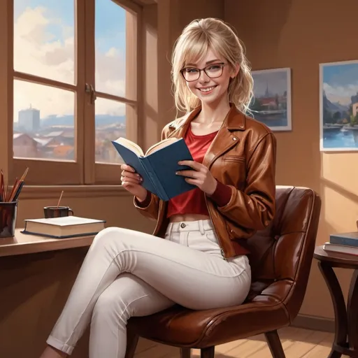 Prompt: 4k , high resolution , detailed room ,  digital painting  ,window , caramel wall  , an elegant sits on chair and smile , she holds a book ,blond hair , bangs hairstyle , glasses , blue eyes, she wears brown opened jacket and red crop top shirt under the jacket , white tight long pants , 