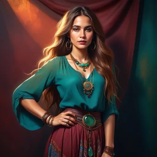 Prompt: high resolution , bright colors , 4k , A digital painting of good looking woman in blue blouse shirt with Bohemian Maxi Skirt
  ,long hair , bracelet, emerald green neckless stone with golden chains ,  she is in studio backdrop with a textured dark red and maroon gradient, featuring soft shadows and a moody vignette effect, creating a warm and elegant ambiance." , she is standing in a modeling pose , artistic photography , fashion  