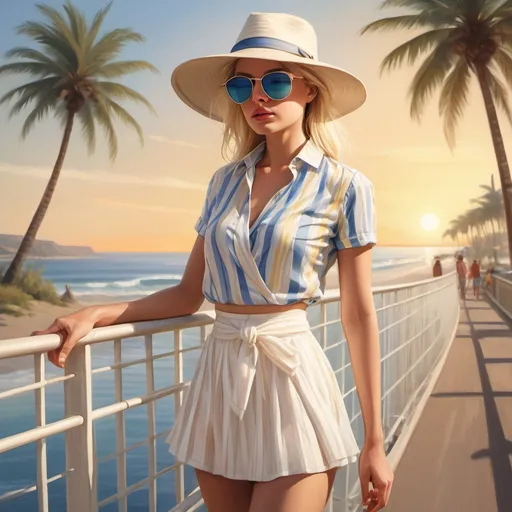 Prompt: a digital painting of a blonde woman ( striped white blue and yellow shirt,White or Cream Wrap Skirt ,summer hat , mirrored lens sunglasses ) standing , safety railing behind her and beach in the background with a beautiful sunset and palm tree , ponytail ,fashion photography 