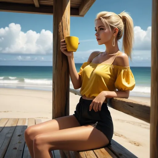Prompt: a woman leans against wooden pole and drinks coffee from yellow cup ,wooden table ,window , beautiful view , sea ,sand, high resolution , 4k , digital painting , realism , the woman wears black shorts , yellow off shoulder top ,blonde hair , ponytail ,necklace , legs , artistic modeling stance , modeling  photography  , close up , low angle shot ,dark colors 