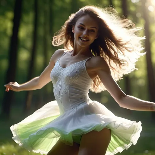 Prompt: 4k , portrait, high resolution ,artistic , detailed photo ,dark colors,woman is dancing in nature , detailed  white short dancing dress , long hair , green eyes ,green  , dramatic dance  ,sunlight shines the woman , close up on legs ,dynamic , energetic , dress moves while dancing,low angle shot ,smile