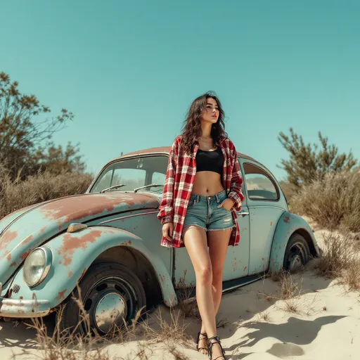 Prompt: A close up  female figure in a red and white plaid jacket , black crop top , fitted jeans shorts, confidently next to an old, rusty beetle car, partially buried in a sandy area. The car's faded paint and rusted metal contrast with the vibrant blue sky above. Surrounding her are patches of dry grass and scattered bushes, swaying gently in a warm breeze. The sunlight casts soft shadows on the sand, highlighting the texture of the ground. The scene captures a sense of nostalgia and adventure, with the character positioned slightly to the right, her gaze directed towards the horizon, embodying a carefree spirit.