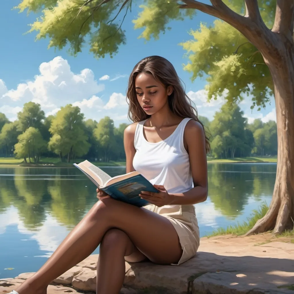 Prompt: 4k , high resolution , professional , detailed , park , bright blue sky , trees , lake , art photography , digital painting , woman  sitting near the water of the lake , she is reading a book   , she is wearing white sleeveless shirt , beige shorts , dark skin , long hair , she looks powerful and confident 