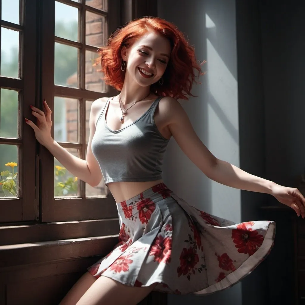 Prompt: 4k , high resolution ,dark colors ,digital painting ,glamour photography , art photography , professional , dark room , window with opened shutters ,sunlight shines the woman through the window  , a woman dancing  with smile on her face  , red hair ,pale skin, red sleeveless crop top shirt , detailed gray floral short circle skirt ,necklace , legs , close up ,drama , light and shadow photography , low angle shot 