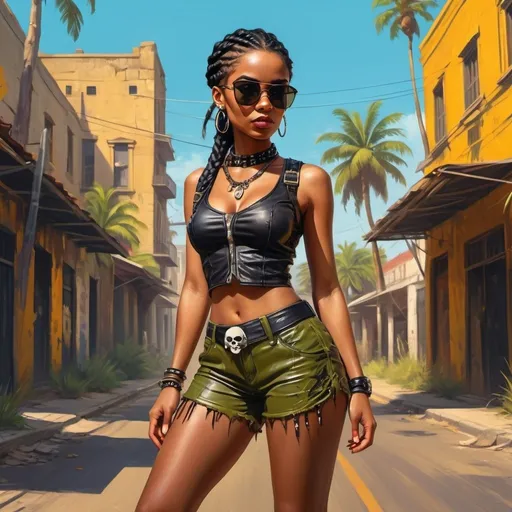 Prompt: 4k , high resolution , bright colors ,oil painting ,road,palm trees,old building,cracked walls, a female bounty hunter , black braid hair , black skin , sunglasses , mirrored lens,olive shorts, leather black crop top shirt , bandolier , skull logo , modeling pose