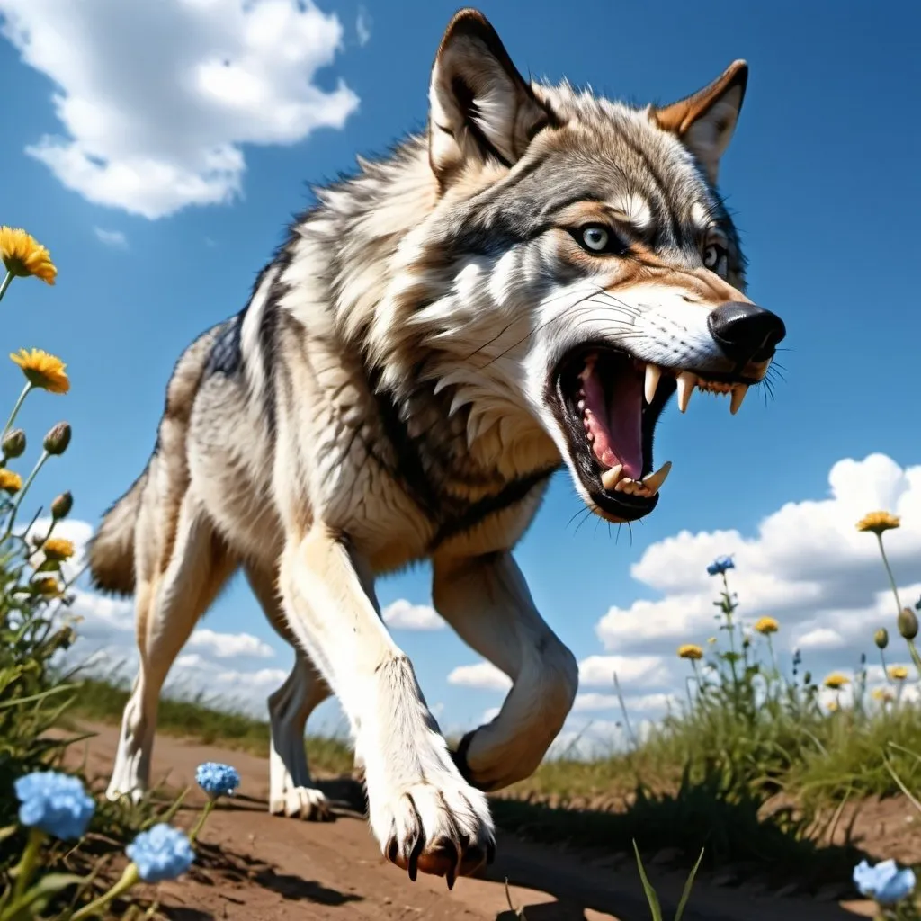 Prompt: 4k , high resolution , detailed photo ,achromatic, ,digital painting , photorealism , animal photography ,summer,nature , flowers ,blue sky ,wolf  is running  and exposes his teeth , aggressive look , scary  , attacking , photography , dynamic photo, action ,low angle shot 