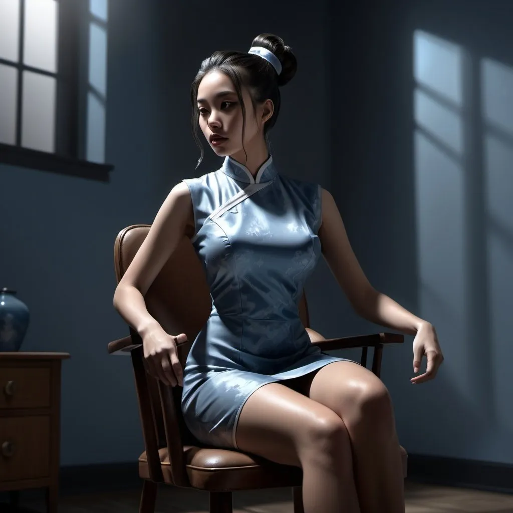 Prompt: 4k , high resolution , digital painting , photorealism , artistic , achromatic grays , dark empty room ,  modeling , a asian woman is sitting on chair with spread legs ,dynamic photo , dramatic ,  hair buns  hairstyle , blue qipao dress , legs , model stance , low angle shot , expressionism , close up , light and shadow photography 