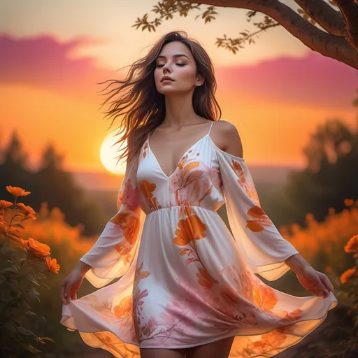 Prompt: high resolution ,vibrant colors ,a woman(close up) in a flowing white floral mini dress, enjoying being alone in the nature  , sunset casting warm hues, vibrant oranges and soft pinks filling the sky, serene natural landscape as the background, trees gently silhouetted against the glowing sun,  , ultra-detailed, artistic and dramatic atmosphere.