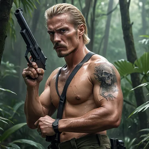 Prompt: 4k , high resolution , detailed , digital painting ,professional , action movie, dynamic , promotional movie poster , dark colors , jungle , trees , rock , a man holds a pistol , he holds the pistol with both hands and shooting , he wears no shirt on him, army pants , mullet hairstyle , blonde hair , the parted pencil mustache , muscular , aim stance ,badass look ,bullet belt, tattoo of skull on his arm , full body  , shooting scene , wet skin , low angle shot , angry face 