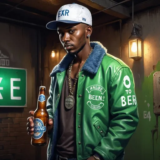 Prompt: 4k , high resolution , digital painting , modeling , neglected ally , dramatic colors, old building wall , led lights above the man , a man is holding a bottle of beer  ,dark skin, mid fade haircut , opened green letter jacket , white under shirt , blue jeans, white hat ,chain necklace , close up on the man , green exit sign board