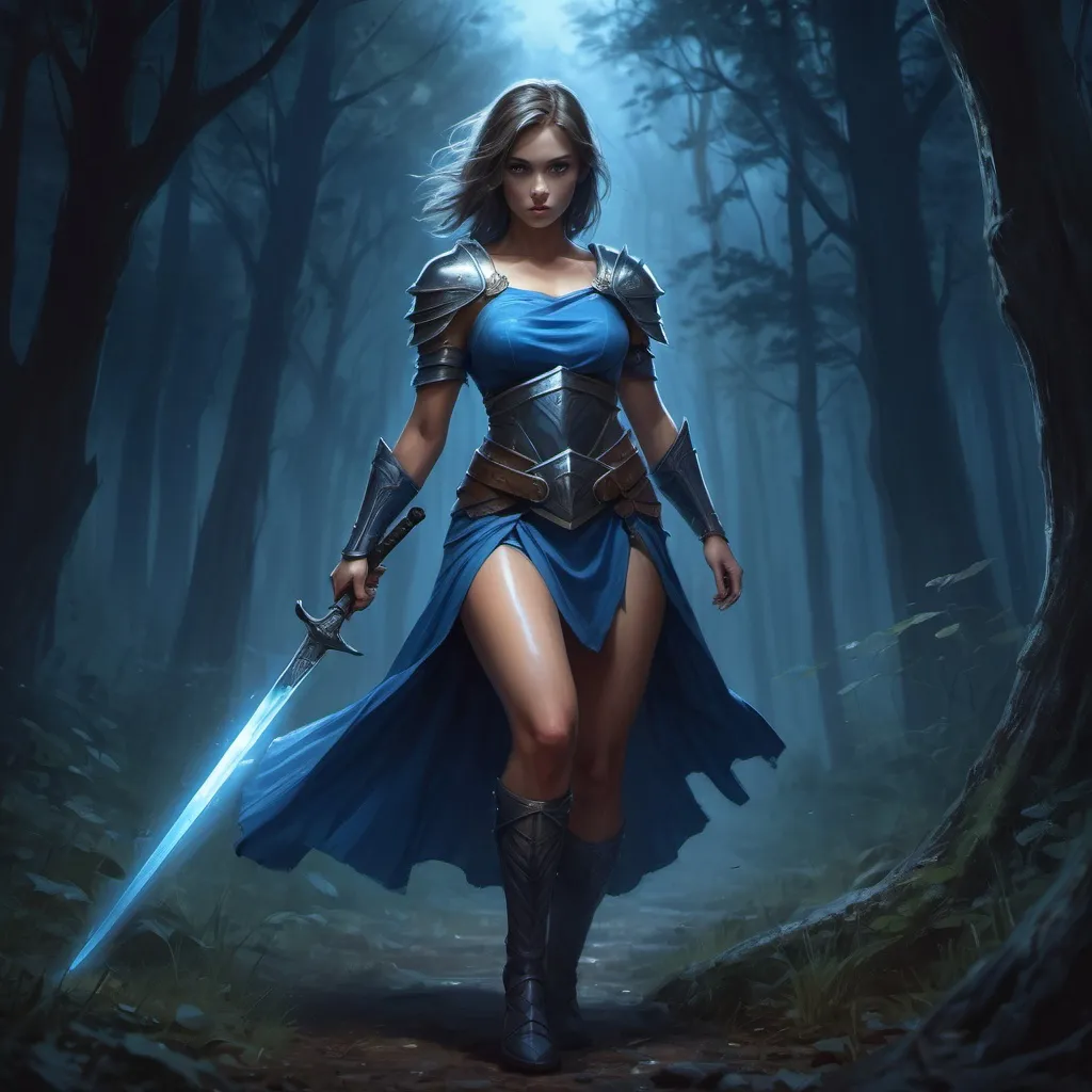 Prompt: a female warrior wearing blue short  dress revealing her legs and thighs , shield on her shoulders ,  she is gripping long sword(magical glowing  sword ) ,mystical  forest , night time , war , horror atmosphere , dramatic , high resolution , digital painting