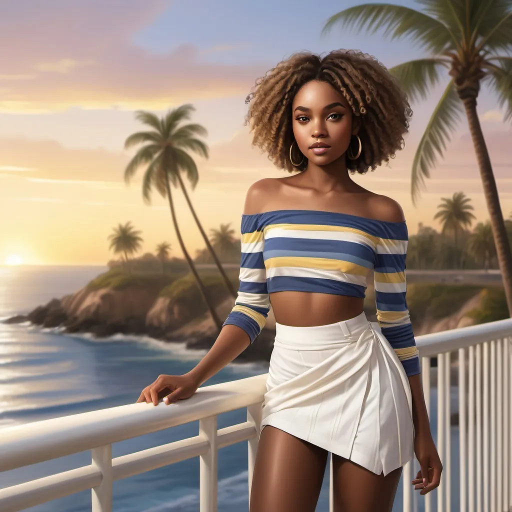 Prompt: a digital painting of a black woman ( striped white blue and yellow shirt,White or Cream Wrap Skirt ,) standing , safety railing behind her and beach in the background with a beautiful sunset and palm tree , curly bob hair ,fashion photography 