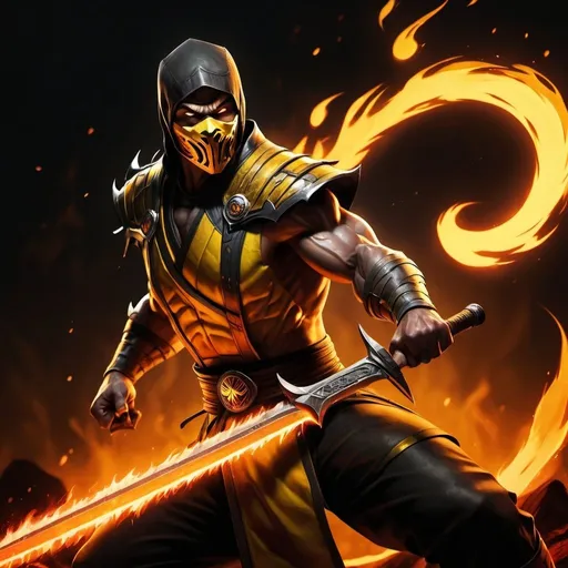 Prompt: high resolution ,4k , fantasy  ,dark colors ,hell , lava , digital painting , illustration , hyper realism , mortal kombat ,
scorpion from mortal kombat holds a sword with flames on it  , yellow aura is around scorpion's body  , low angle shot , sword man stance 