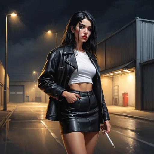 Prompt: 4k , high resolution , expressionism , photorealistic , digital painting  , night , road , industrial , warehouse in background with roller shutter Door ,woman is stands and holds a cigarette   , boots  , miniskirt , black leather coat ,white crop top shirt, long black hair , street light , close up , 