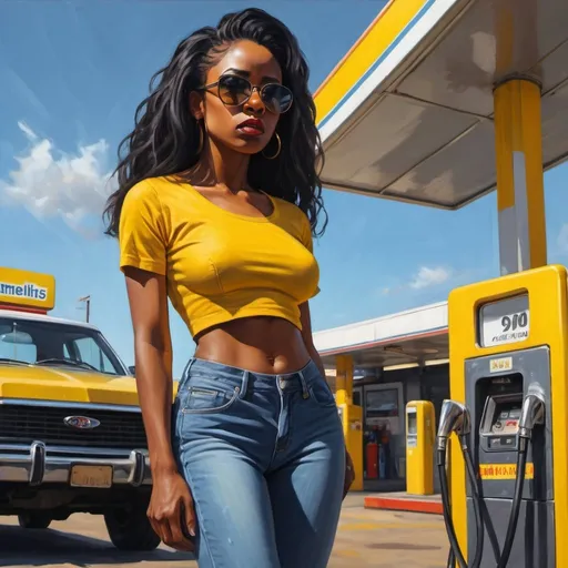 Prompt: 4k,oil painting ,high resolution,expressionism, dark colors  ,sunlight ,sky,cool stance,low angle shot, focus on legs,feet,a black woman ,she stands in gas station , hard attitude , shameless ,long hair ,black hair, yellow crop top shirt , short tight jeans,she wears sunglasses , mirrored lens, good composition , close up , portrait