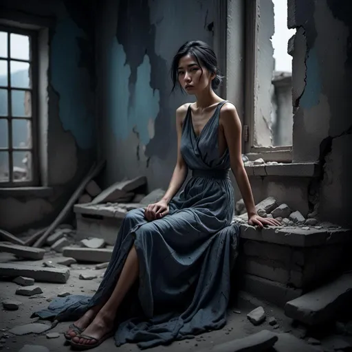 Prompt: <mymodel> 
4k , high resolution , glamour photography , art photography , achromatic colors , somber atmosphere ,
a woman is sitting on ruins , blue dress 