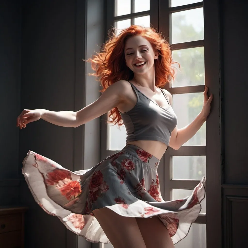 Prompt: 4k , high resolution ,dark colors ,digital painting ,glamour photography , art photography , professional , dark room , window with opened shutters ,sunlight shines the woman through the window  , a woman dancing  with smile on her face ,dynamic   , red hair ,pale skin, red sleeveless crop top shirt , detailed gray floral short circle skirt ,necklace , legs , close up ,drama , light and shadow photography , low angle shot 