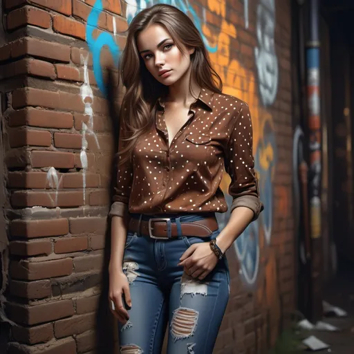 Prompt: high resolution , bright colors , 4k , A digital painting of good looking woman in brown blouse with a patterns of white dots  ,3/4 jeans with belt ,long brown hair , bracelet,  , dark , night, brick wall (graffiti) and rusty pipe , old and neglected area  , street , she is leaning against the wall in modeling pose,