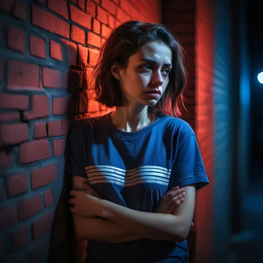 Prompt: A cinematic portrait of a woman (t-shirt ) standing near an urban wall at night, illuminated by dramatic red and blue lighting. She looks visibly depressed or introspective, leaning slightly against the wall.hands hidden behind her back or "hands clasped behind her body, not visible in the frame.", , completely out of view, as part of her pose. The composition focuses on her emotional expression, with soft bokeh city lights in the background adding atmosphere."