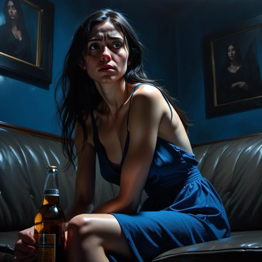 Prompt: <mymodel>
4k , high resolution , photorealism , painting ,emotional ,digital ,blue color in background ,expressionism,modeling , artistic , dark room , woman sits on couch and watches television ,the television screen reflects lights on the woman  ,she holds beer bottle , she is sad and bored 
eyes , sad eyes , low angle shot