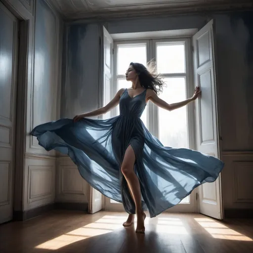 Prompt:  high resolution, 4k, dark colors  , water painting ,dramatic colors , detailed, achromatic grays, fashion , modeling , room , parquet , window with gray curtain
a woman is modeling , fancy blue long slit dress , low angle shot , feet , black hair , close up on woman's face ,portrait ,light and shadow , dance stance  , low angle shot , sunlight shines on the woman through the window , dynamic movement 