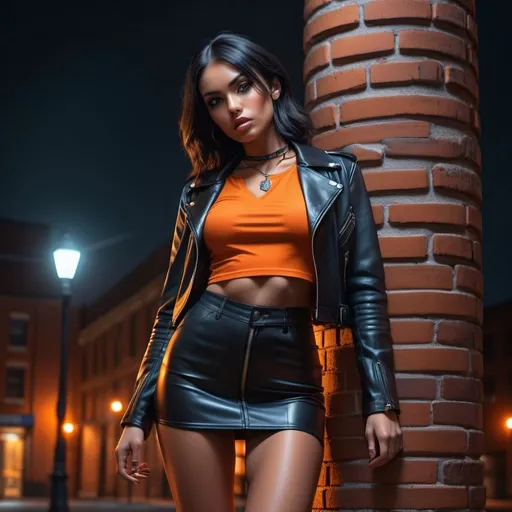 Prompt: 4k,hyperrealism,dramatic colors, dark colors  ,high resolution, professional,low angle shot ,show legs, modeling, night, woman standing near brick pillar and street light,outside , she is modeling , black hair, opened black leather jacket, orange crop top shirt, black miniskirt,necklace ,close up, unique modeling pose , hands movement