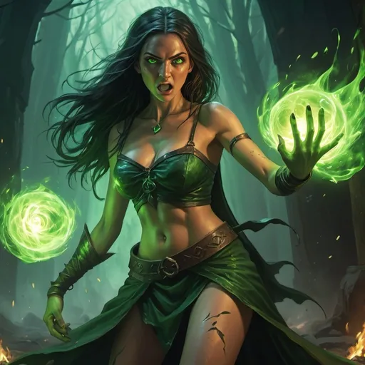 Prompt: 4k , high resolution,fantasy , digital painting , illustration , mythology , dark place  , dirt floor , a witch is standing , she is shooting  green fire projectiles from her hands   , green aura around the woman , black hood , glowing green eyes , slit skirt , barefoot  , portrait  , detailed face , throwing ball stance , she is throwing the green fire, green fire balls are in the air , low angle shot , powerful stance , she is yelling and trying hard to fight , dynamic hand move , wind effects 